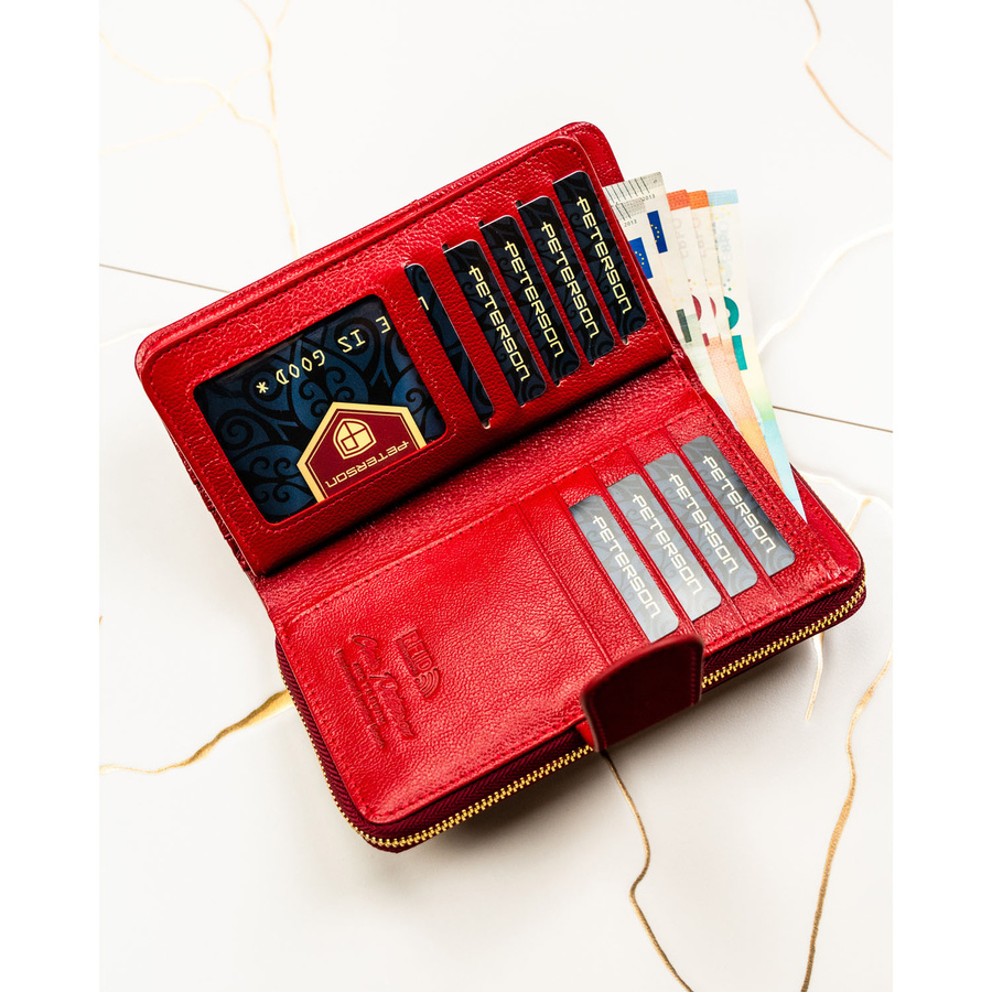 Pionowy, czerwony portfel damski ze skóry naturalnej i ekologicznej - Peterson