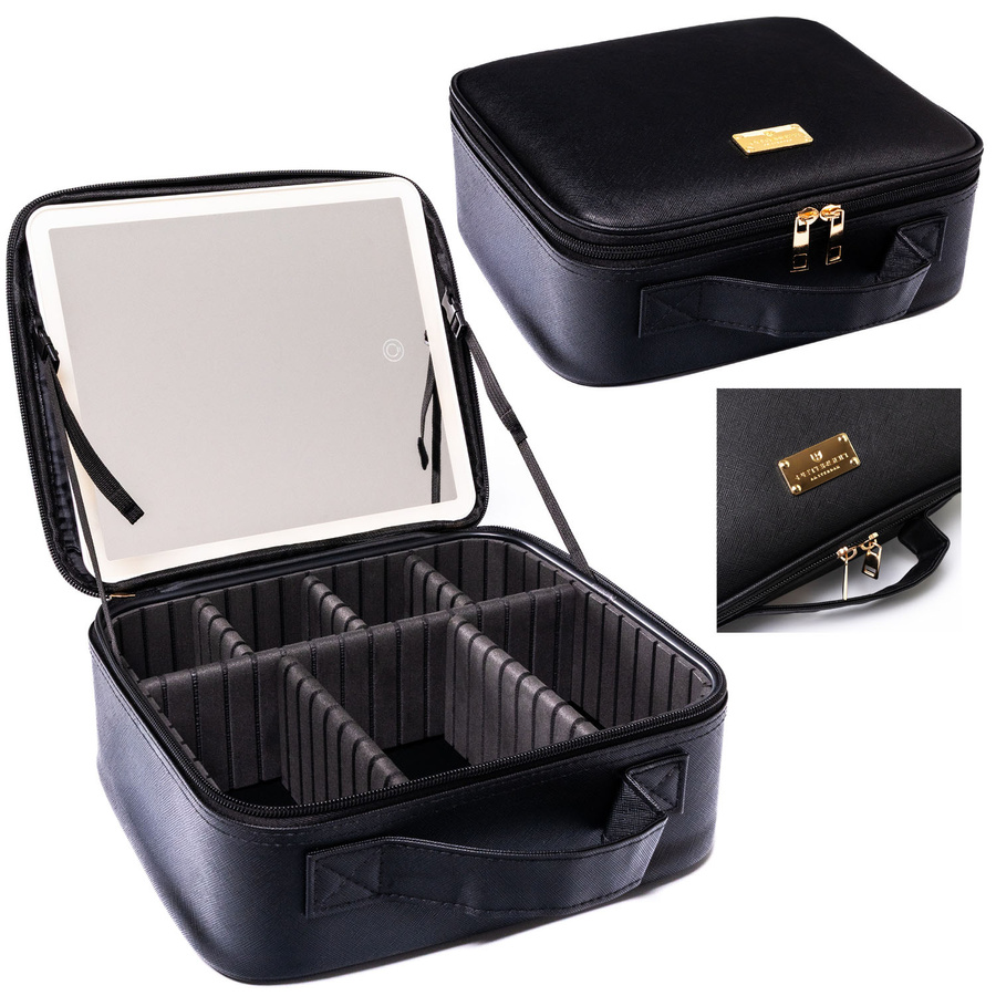 Czarna szkatułka na biżuterię wykonana ze skóry ekologicznej, zamykana suwakiem - Peterson