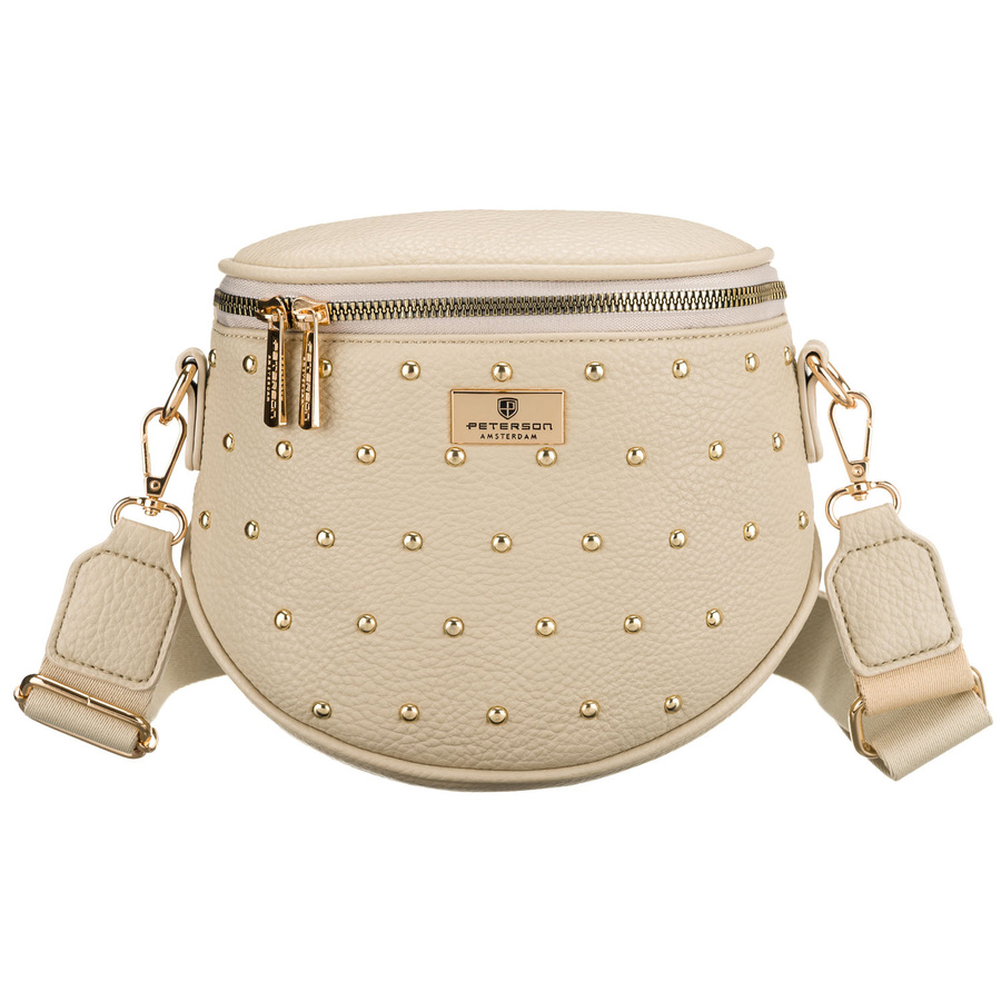 Beżowa nerka damska ze skóry ekologicznej ozdobiona ćwiekami - Peterson