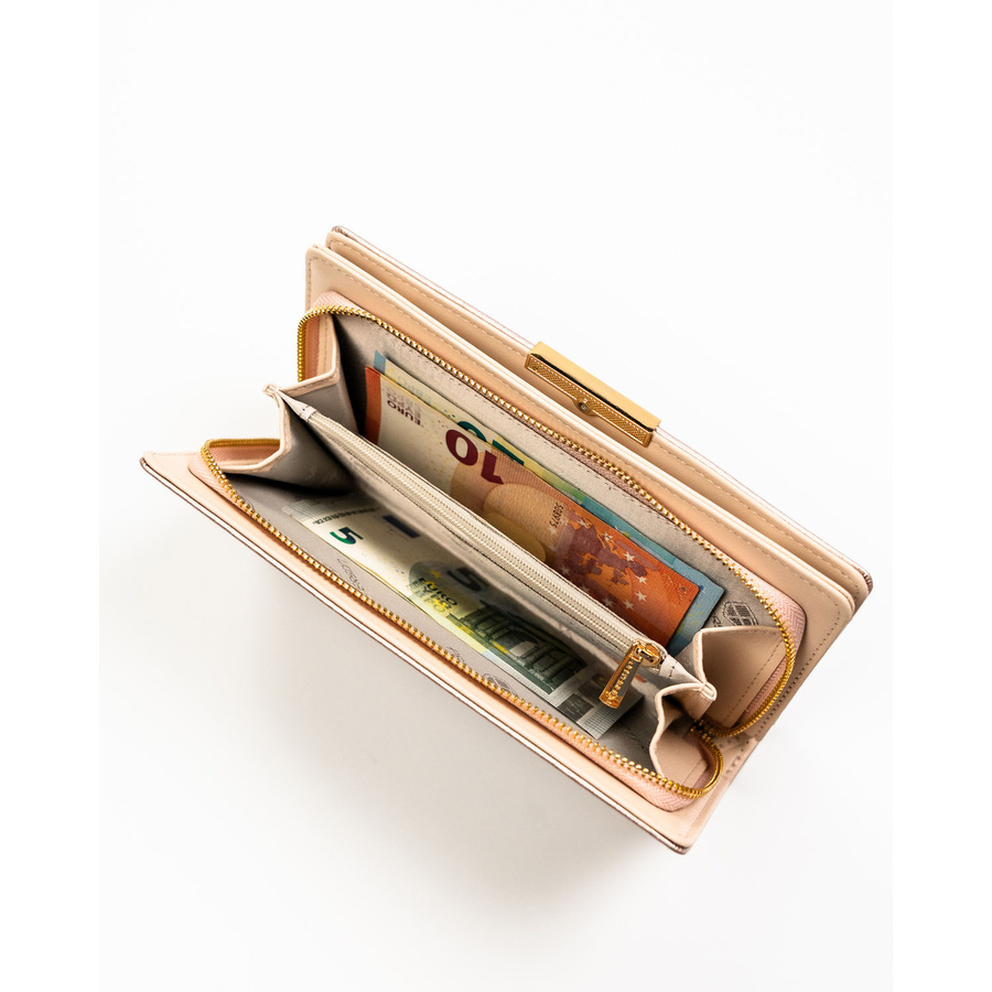 Beżowy portfel damski ze skóry ekologicznej zamykany na zatrzask i suwak - Peterson