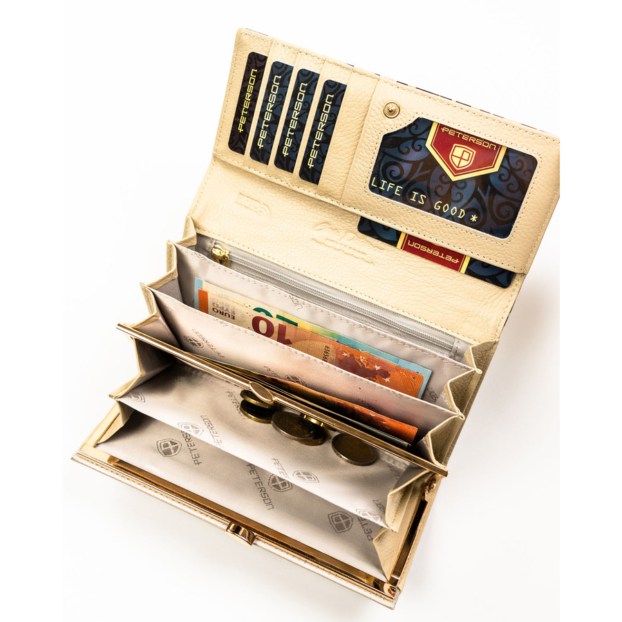 Duży portfel damski ze skóry ekologicznej i naturalnej w złotym kolorze zamykany zatrzaskiem - Peterson