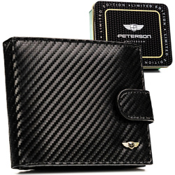 Poziomy portfel męski ze skóry naturalnej w czarnym kolorze wyposażony w system RFID, w zestawie z brelokiem - Peterson