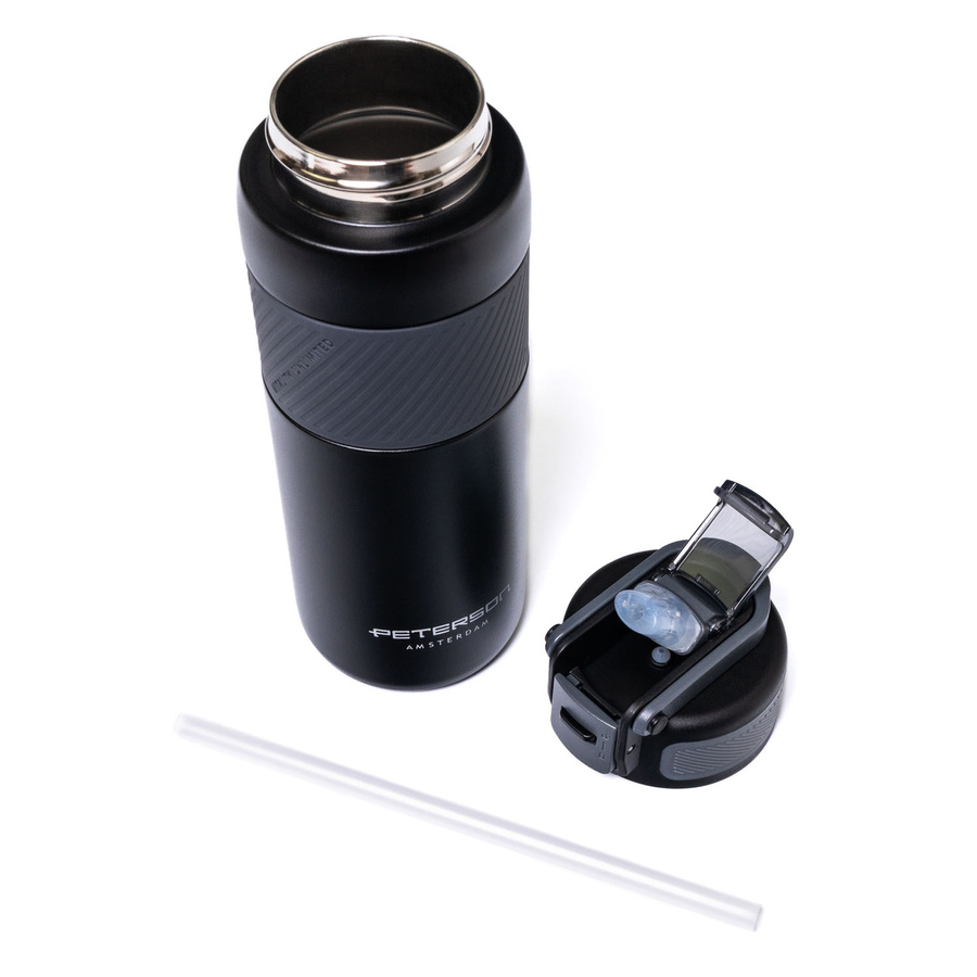 Czarny kubek termiczny ze stali nierdzewnej z silikonowym ustnikiem - Peterson