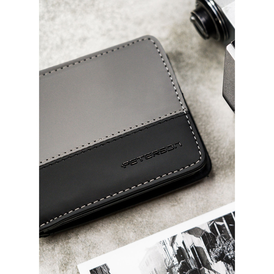 Czarno-szary portfel męski w orientacji poziomej bez zapięcia zewnętrznego - Peterson