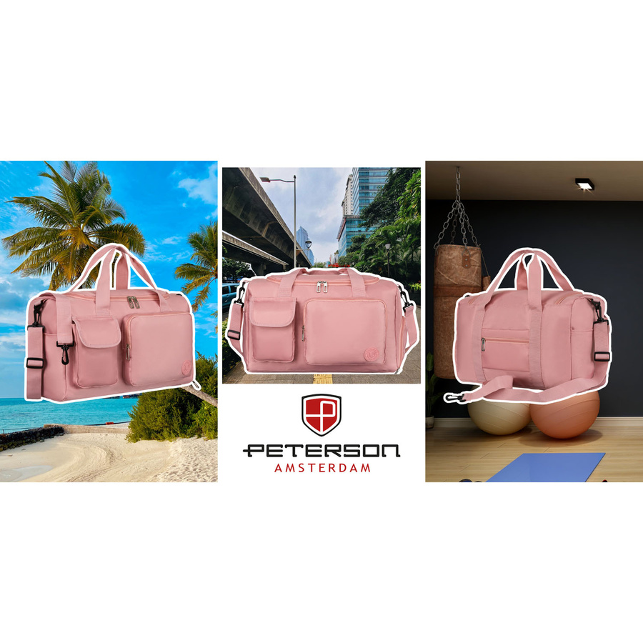 Różowa torba weekendowa wykonana z poliestru z kieszonkami zewnętrznymi - Peterson