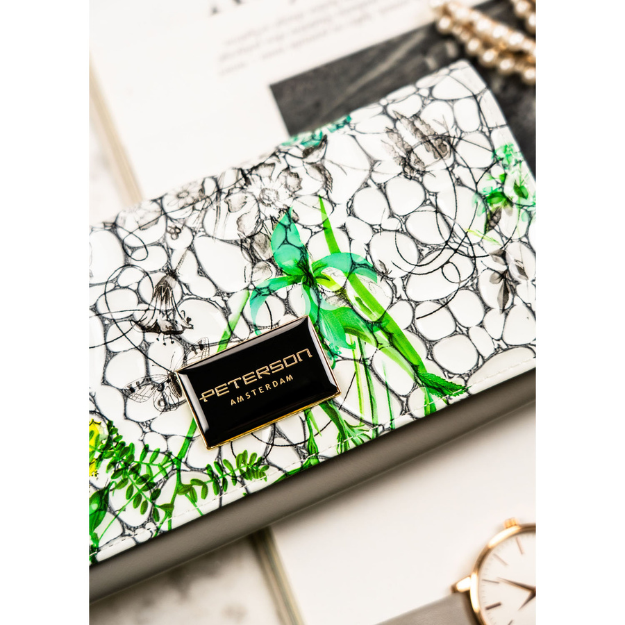 Wielokolorowy, poziomy portfel damski ze skóry naturalnej w kwiatowy wzór - Peterson