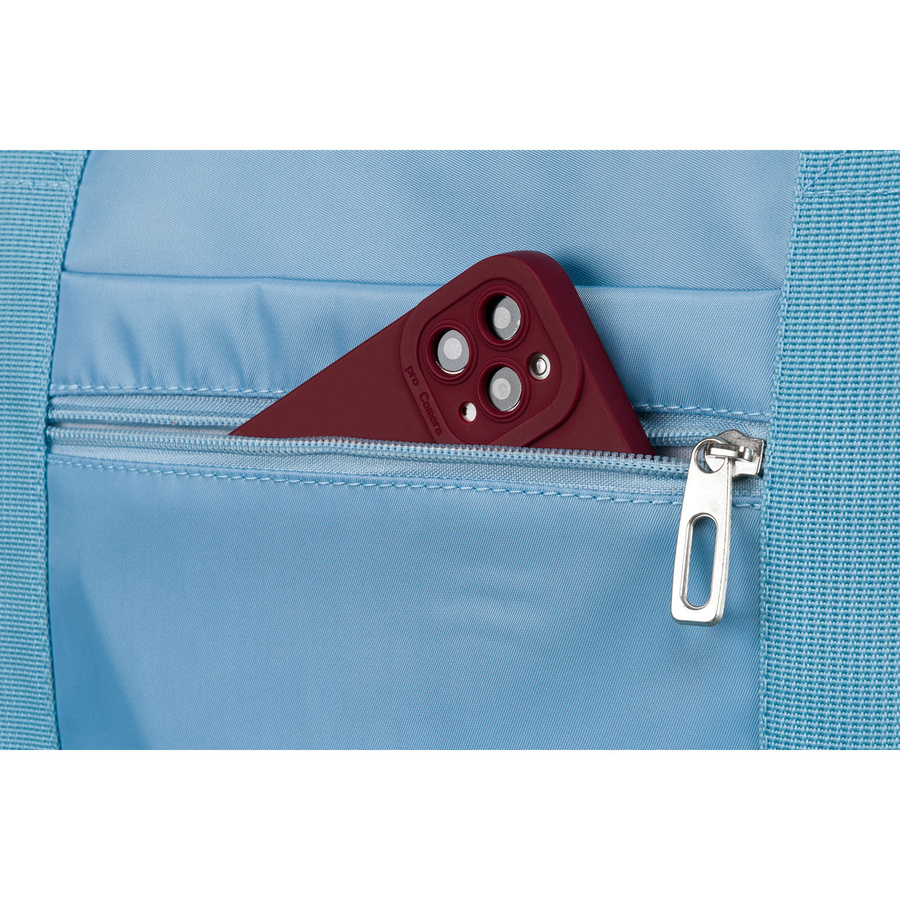 Błękitna, sportowa torba podróżna z poliestru z paskiem na ramię i uchwytem na walizkę - Peterson