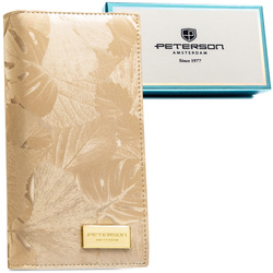 Beżowy, pionowy portfel damski zamykany na magnes i suwak, wykonany ze skóry naturalnej i ekologicznej - Peterson