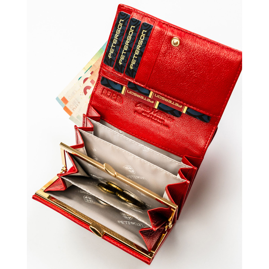 Poziomy, czerwony portfel damski ze skóry naturalnej i ekologicznej zamykany zatrzaskiem - Peterson