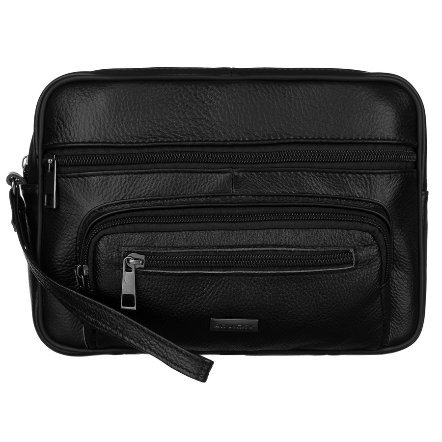 Skórzana saszetka męska w czarnym kolorze z kieszeniami zewnętrznymi i uchwytem do ręki - Rovicky