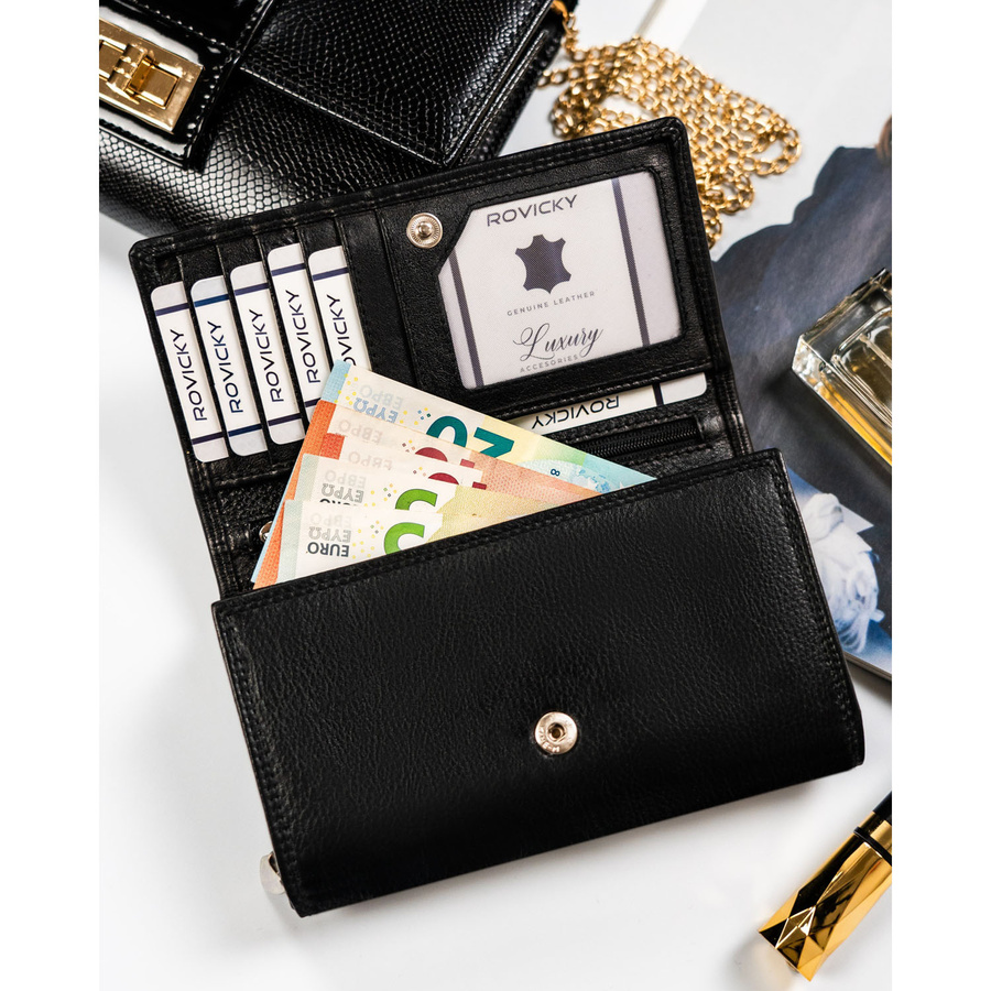 Czarny, skórzany portfel damski z systemem RFID - Rovicky