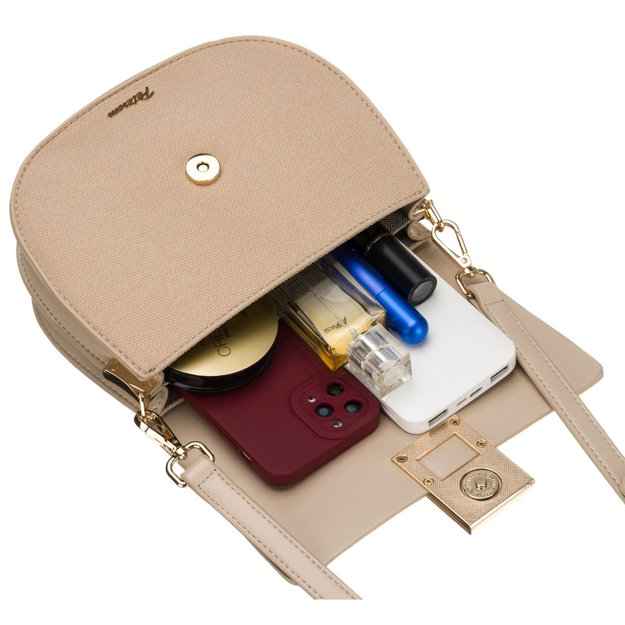 Beżowa listonoszka damska w kształcie podkówki zamykana klipsem magnetycznym - Peterson