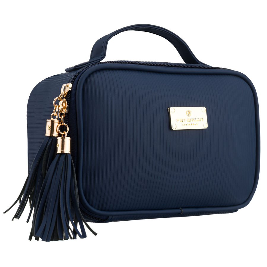 Granatowa kosmetyczka z tkaniny syntetycznej wyposażona w cztery przegródki, jednokomorowa - Peterson