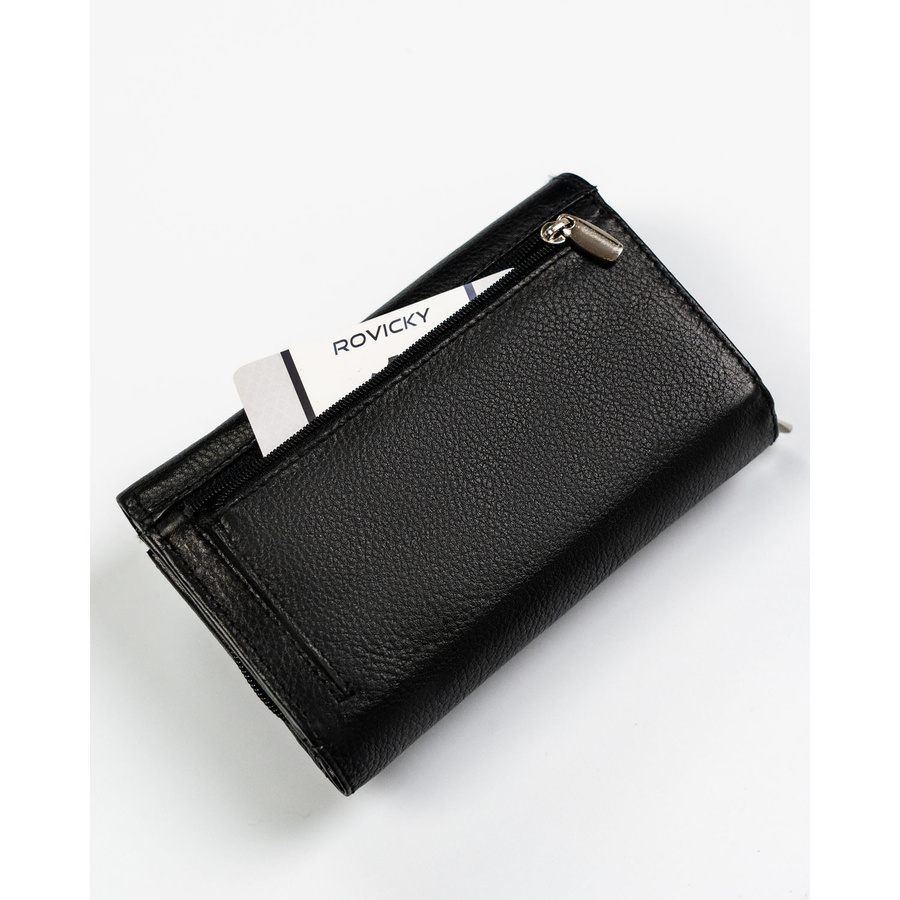 Skórzany, pojemny portfel damski w czarnym kolorze wyposażony w system RFID - Rovicky