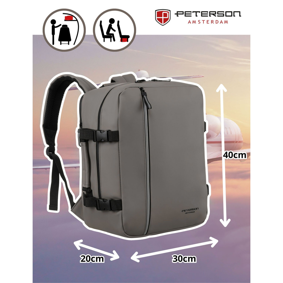 Szary plecak podróżny wyposażony w boczne pasy kompresyjne - Peterson