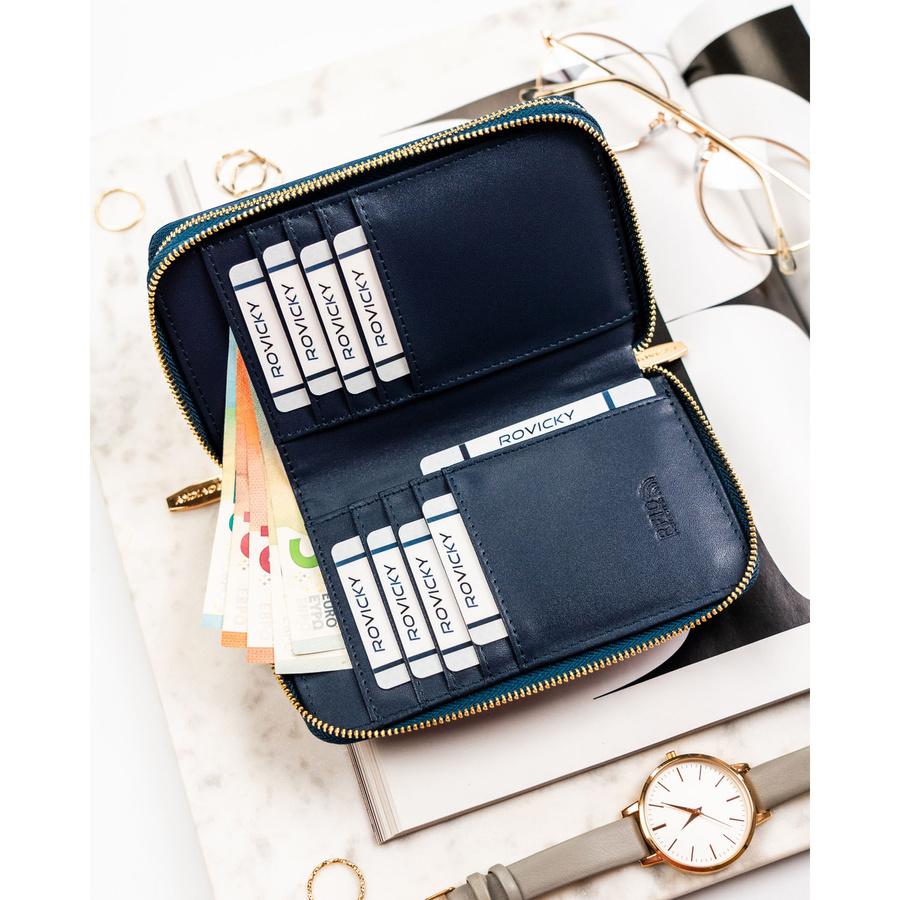 Granatowy portfel-piórnik damski ze skóry ekologicznej zamykany suwakiem - Rovicky