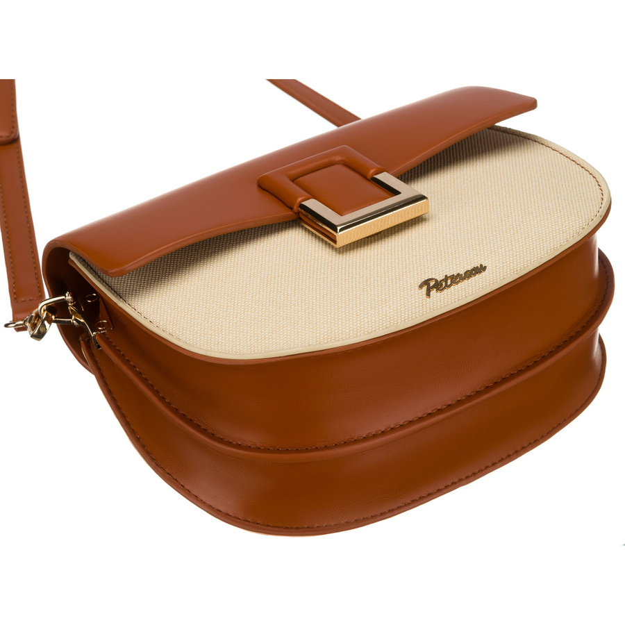 Mała torebka damska w kształcie podkówki w kolorach ecru i brązowym, zamykana klipsem magnetycznym - Peterson