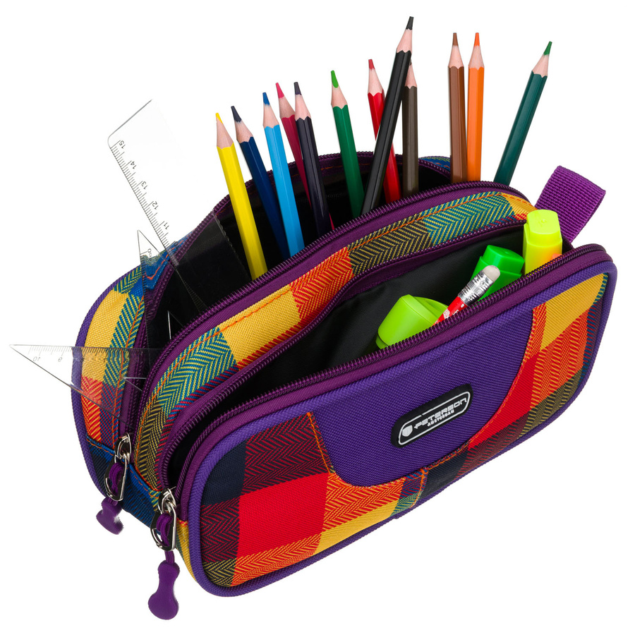 Piórnik szkolny z poliestru w kratę, dwukomorowy zamykany suwakami - Peterson