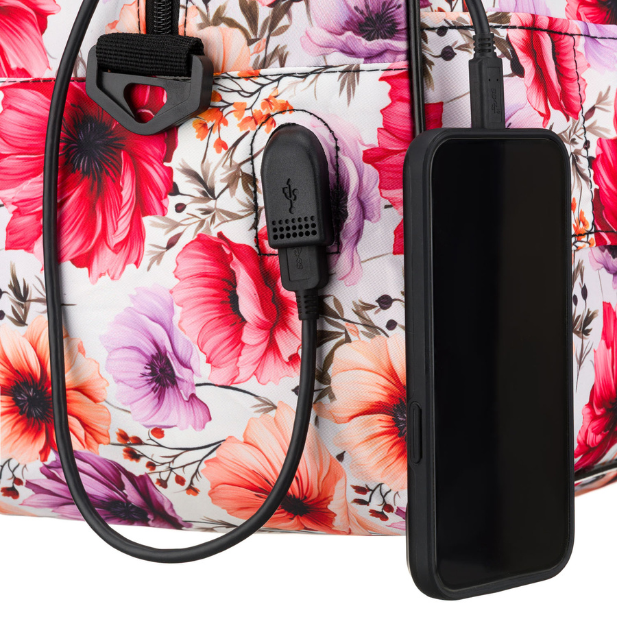 Wielokolorowa torba podróżna z wytrzymałego poliestru z portem USB, pokryta roślinnym wzorem - Rovicky