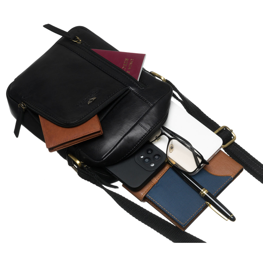 Elegancka, czarna listonoszka męska ze skóry naturalnej z zewnętrzną kieszonką na suwak - Peterson