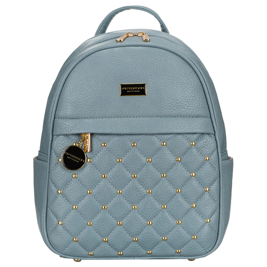 Niebieski, modny, pikowany plecak damski ze złotymi nitami i modnym brelokiem eko skóra Peterson