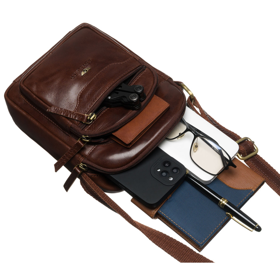 Brązowa, skórzana listonoszka męska zamykana suwakiem - Peterson