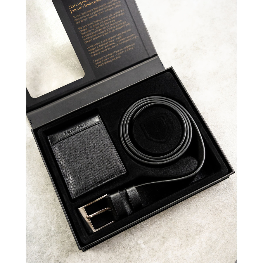 Zestaw prezentowy: skórzany portfel męski w czarnym kolorze bez zapięcia i czarny pasek ze skóry ekologicznej - Peterson
