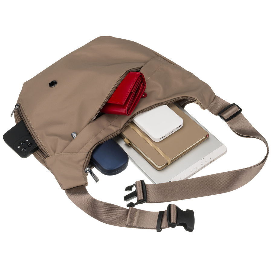 Torebka damska w ciemnobeżowym kolorze wyposażona w kieszeń zewnętrzną - Peterson