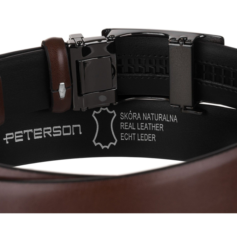 Brązowy pasek męski z automatyczną klamrą wykonany ze skóry naturalnej - Peterson