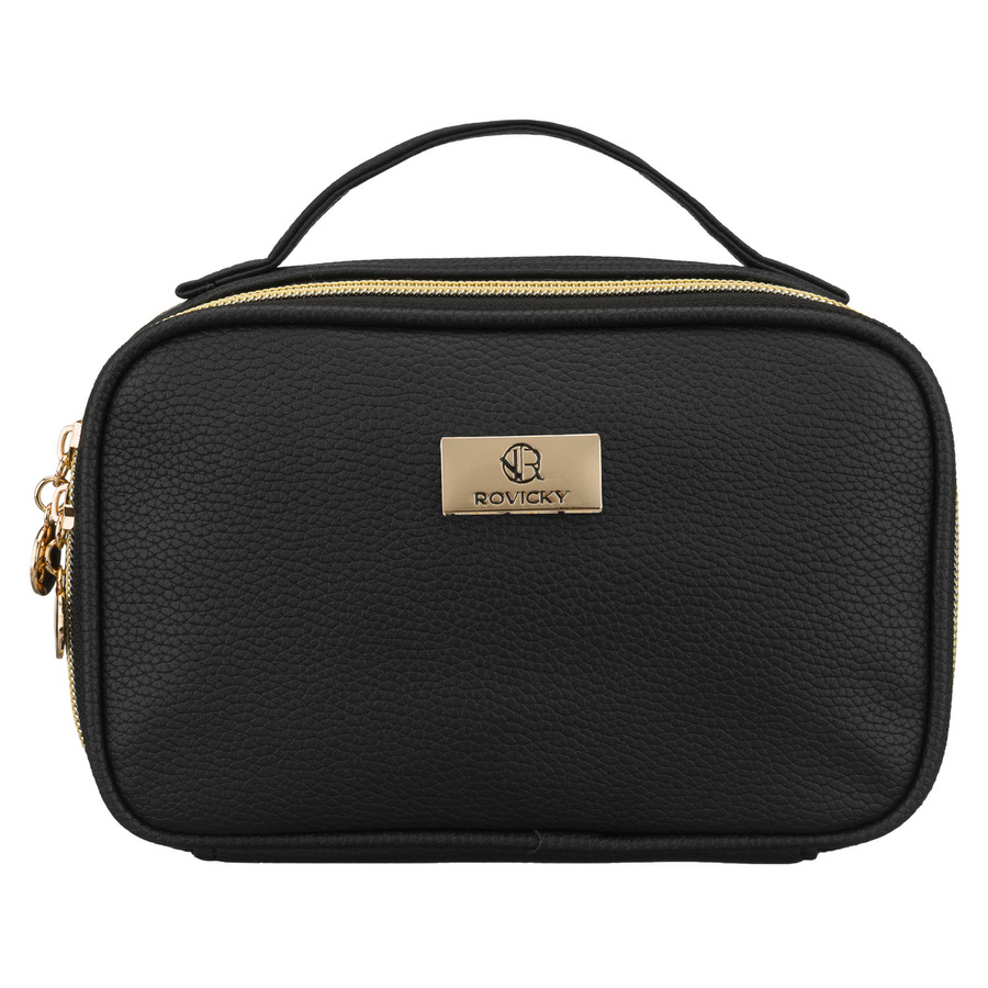 Czarna, praktyczna kosmetyczka ze skóry ekologicznej zamykana suwakiem - Rovicky