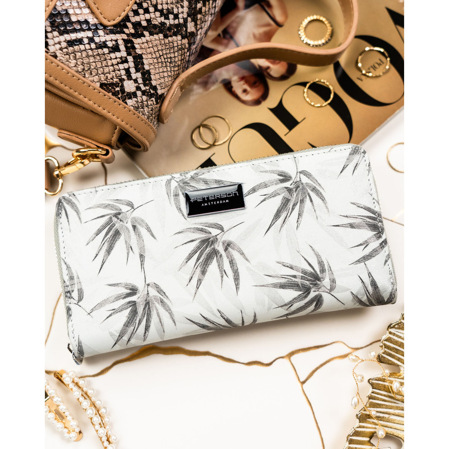Szary portfel damski w typie piórnika w roślinny wzór, wykonany ze skóry naturalnej i ekologicznej - Peterson