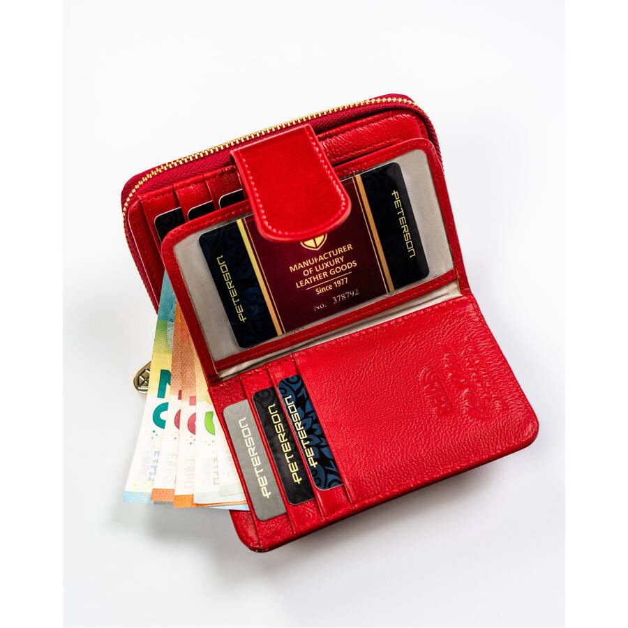 Skórzany, czerwony portfel damski zamykany na zatrzask i suwak - Peterson