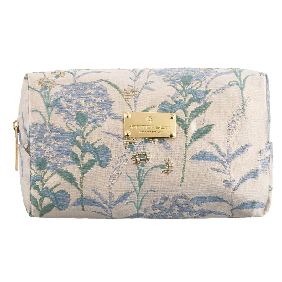 Kosmetyczka z poliestru w błękitnym kolorze, jednokomorowa i ozdobiona kwiatowym wzorem - Peterson
