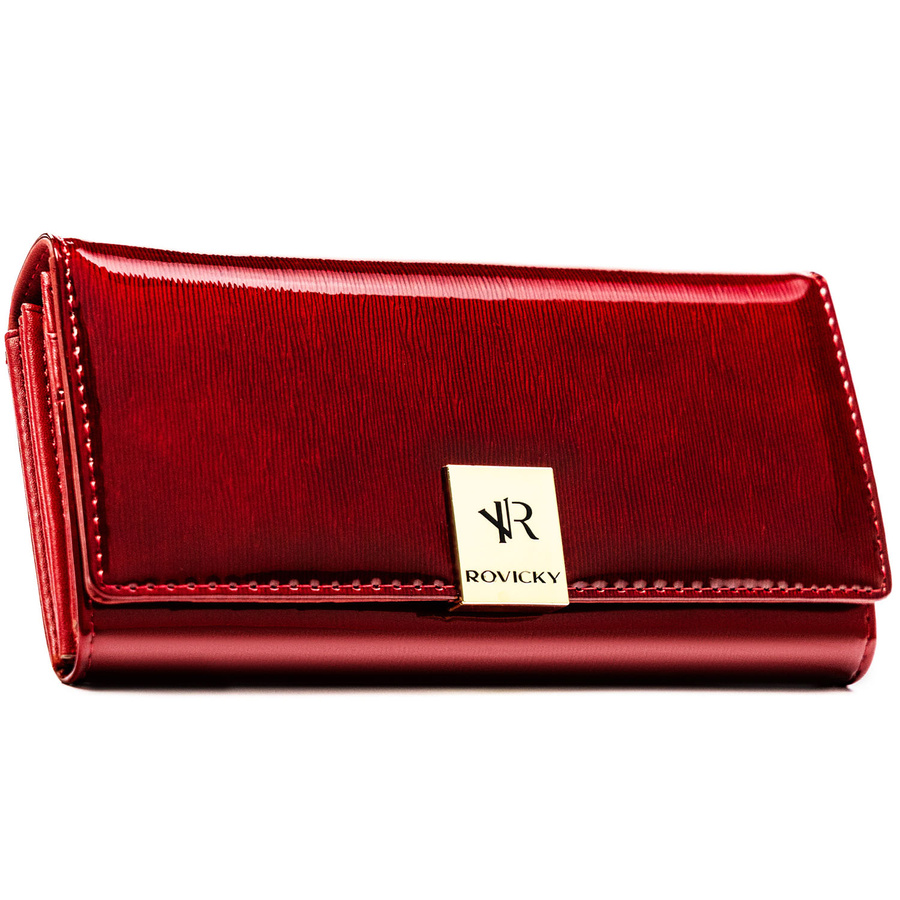 Duży, skórzany portfel damski w czerwonym kolorze zamykany na zatrzask - Rovicky