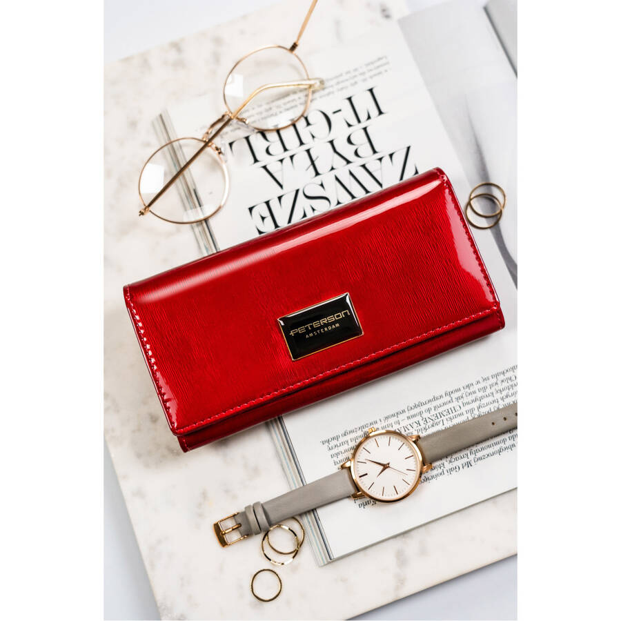 Czerwony lakierowany portfel damski na karty i monety - Peterson