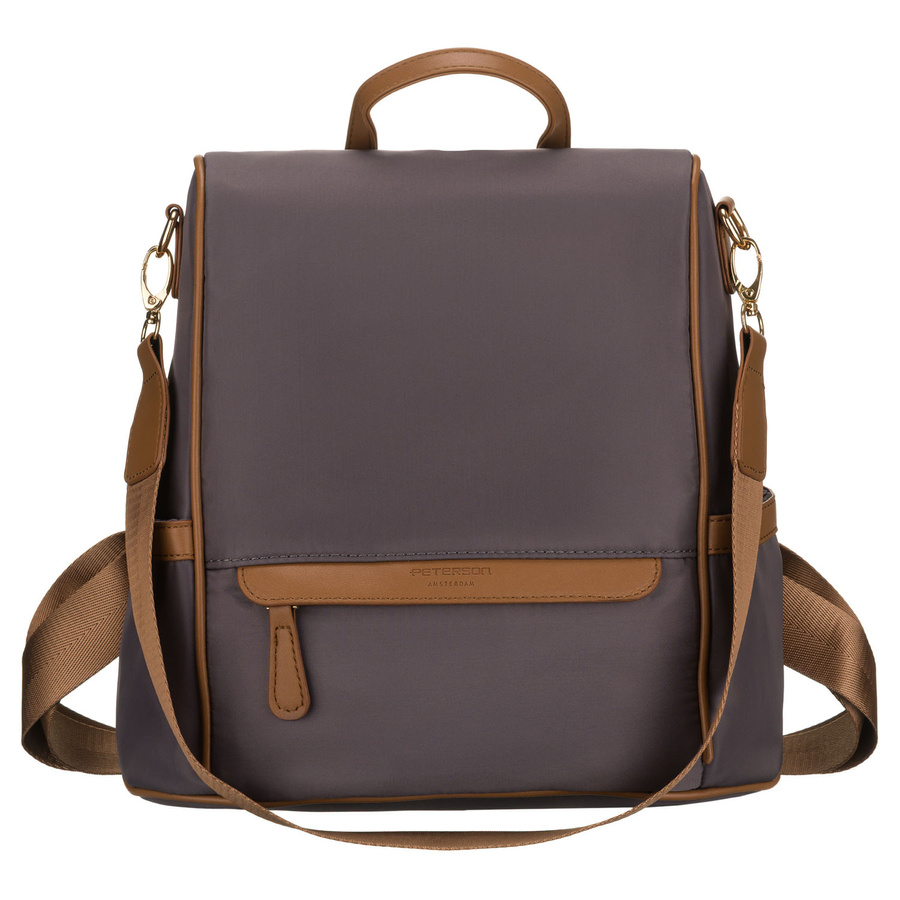 Szary plecak damski z nylonu i skóry ekologicznej z doczepianym paskiem, jednokomorowy - Peterson