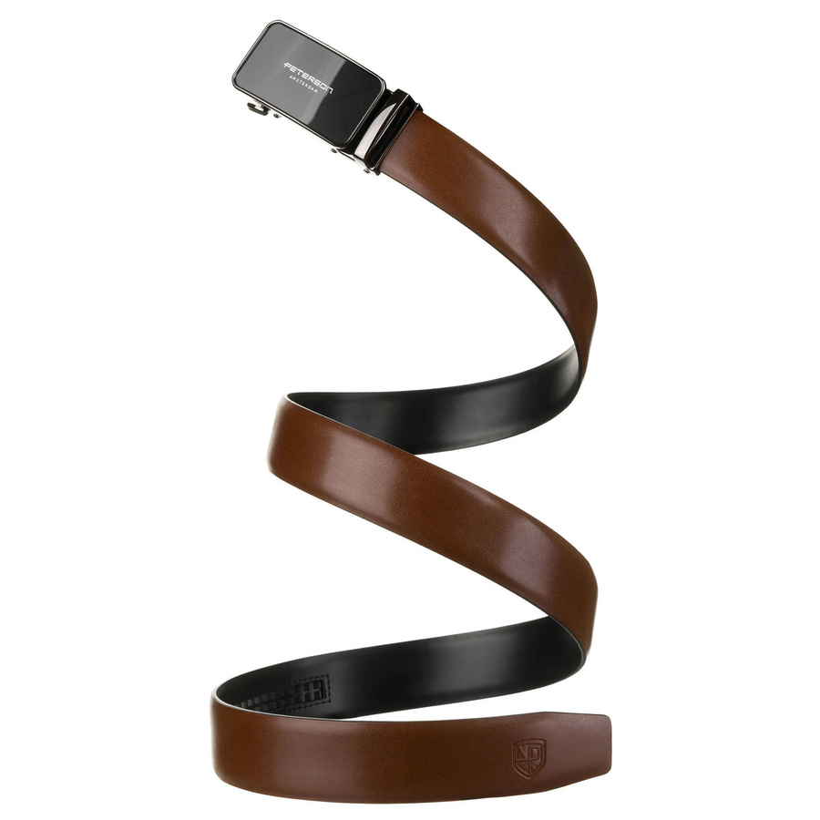 Elegancki pasek męski ze skóry naturalnej w brązowym kolorze z automatyczną, srebrną klamrą - Peterson