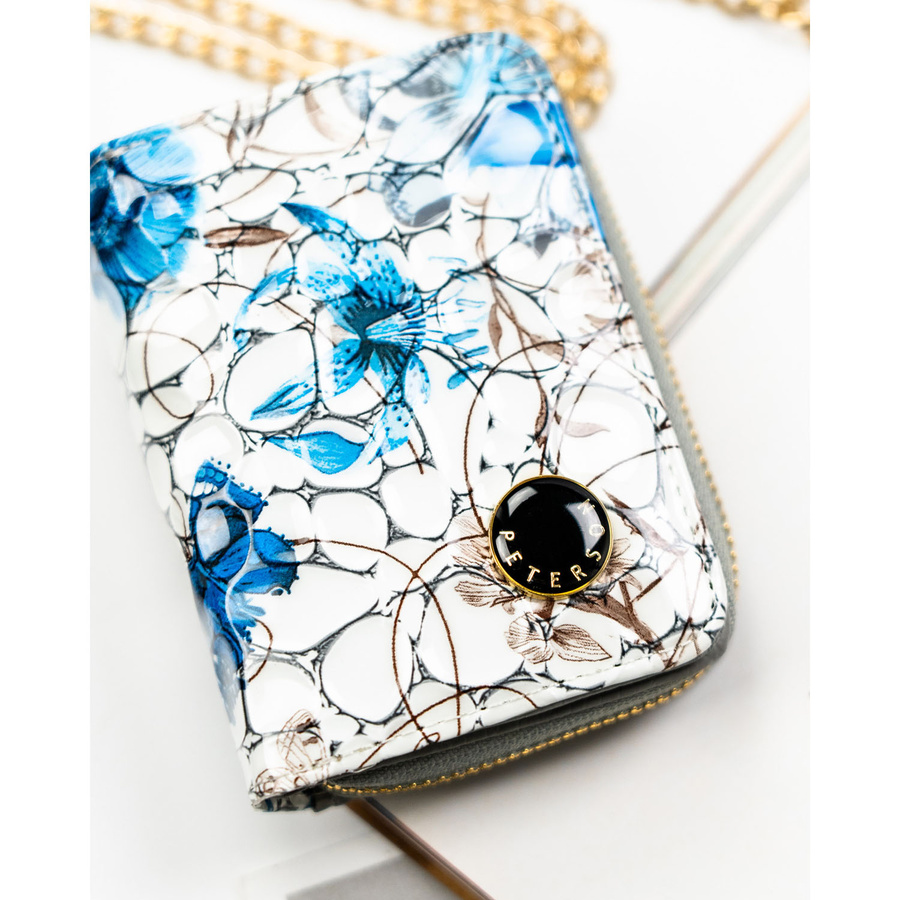 Niebieski, poręczny portfelik damski ze skóry naturalnej z systemem RFID, zamykany zatrzaskiem i suwakiem - Peterson