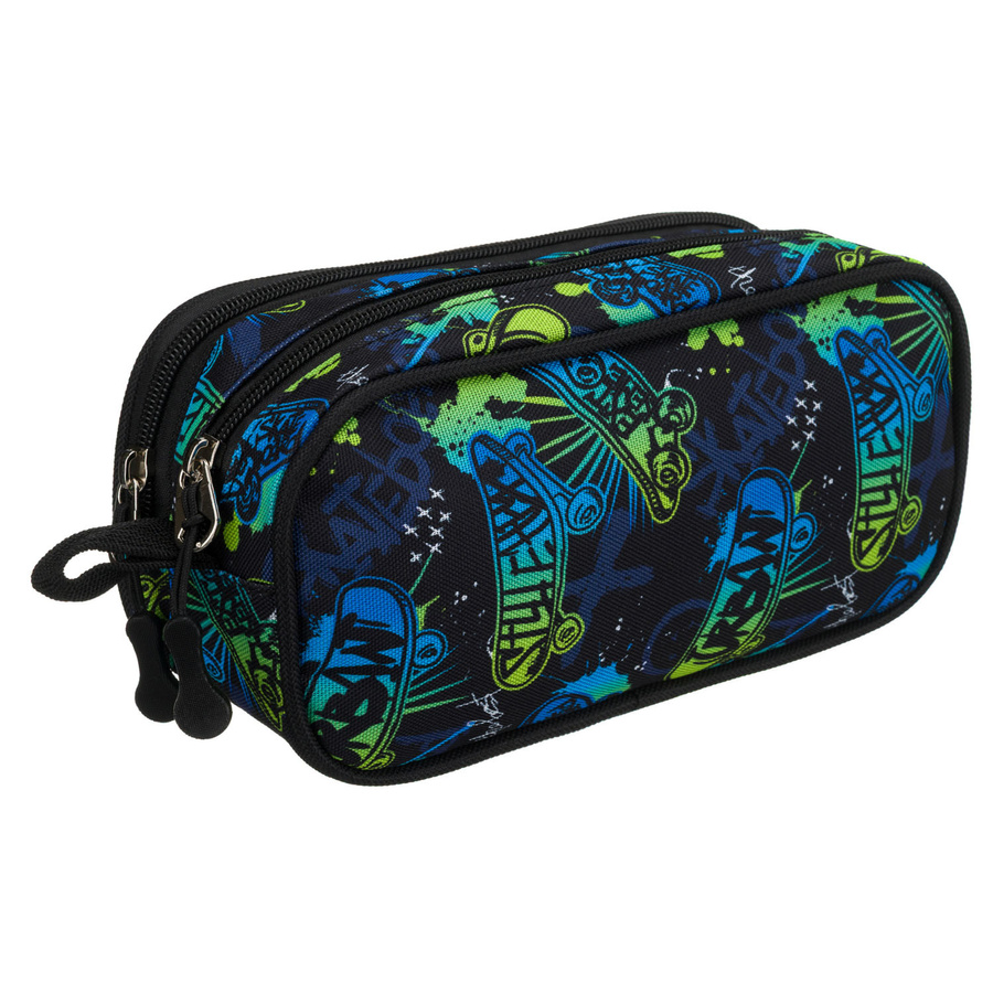 Dwukomorowy piórnik szkolny z poliestru pokryty wzorem w deskorolki - Peterson