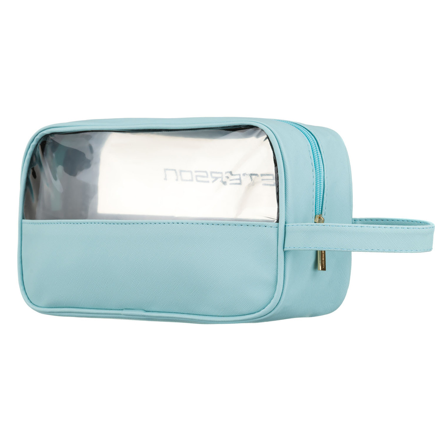 Niebieska kosmetyczka z tkaniny syntetycznej wyposażona w przezroczysty panel - Peterson
