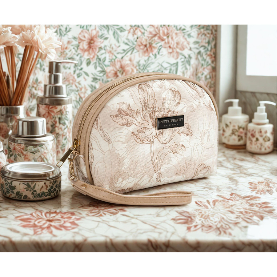 Kompaktowa, beżowa kosmetyczka damska z botanicznym printem - Peterson