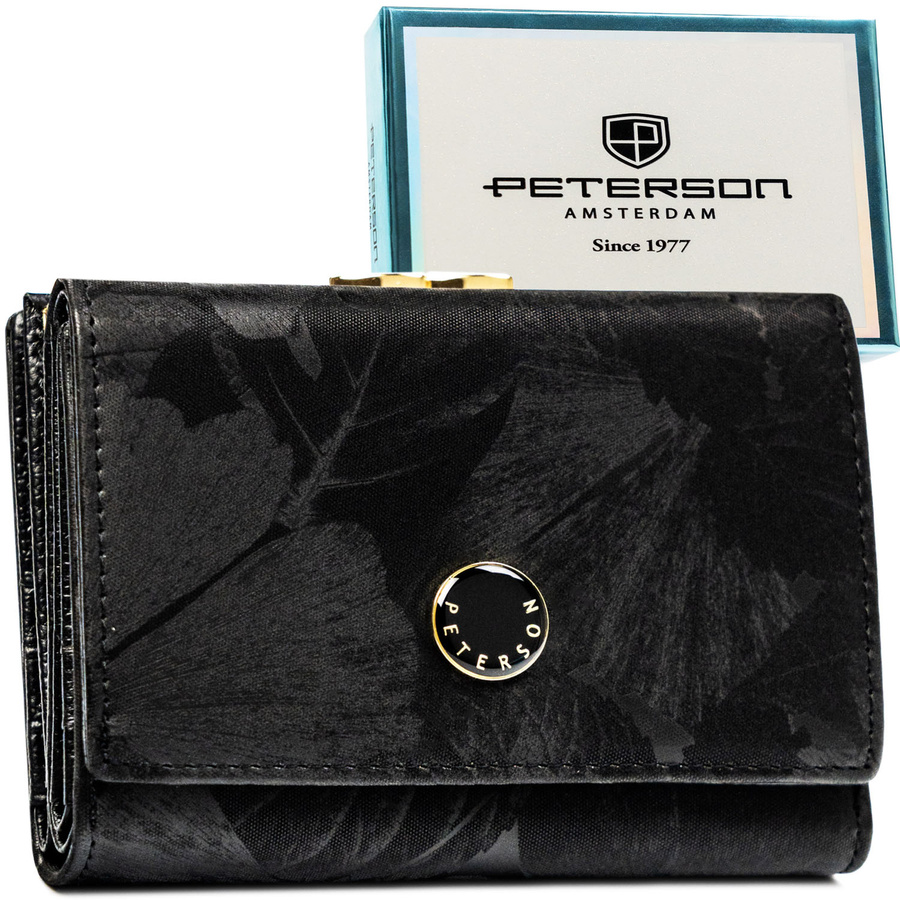 Elegancki portfel damski ze skóry naturalnej i ekologicznej w czarnym kolorze - Peterson