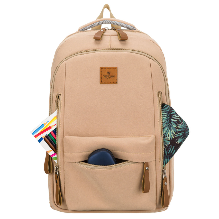 Beżowy plecak szkolny z poliestru z miejscem na laptopa, zamykany suwakiem - Peterson