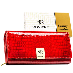 Duży, lakierowany portfel damski ze skóry naturalnej w czerwonym kolorze zamykany na zatrzask - Rovicky