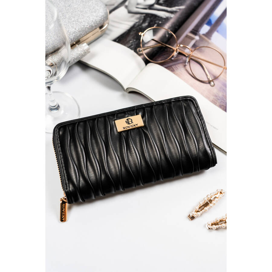 Duży portfel damski ze skóry ekologicznej w czarnym kolorze na zamek - Rovicky