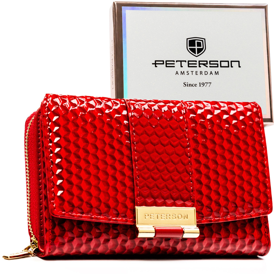 Czerwony, lakierowany portfel damski wykonany ze skóry ekologicznej o przestrzennej fakturze - Peterson