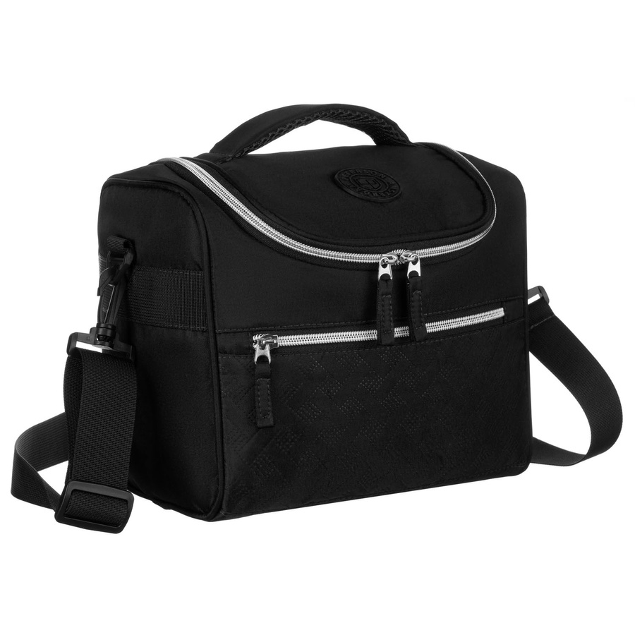 Czarna, praktyczna kosmetyczka podróżna z tkaniny syntetycznej z dopasowanym paskiem - Peterson