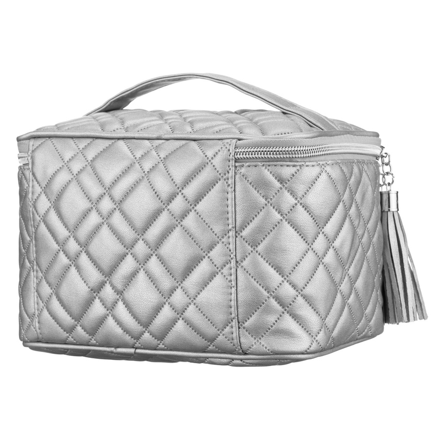 Pikowana kosmetyczka z tkaniny syntetycznej w srebrnym kolorze zamykana suwakiem - Peterson