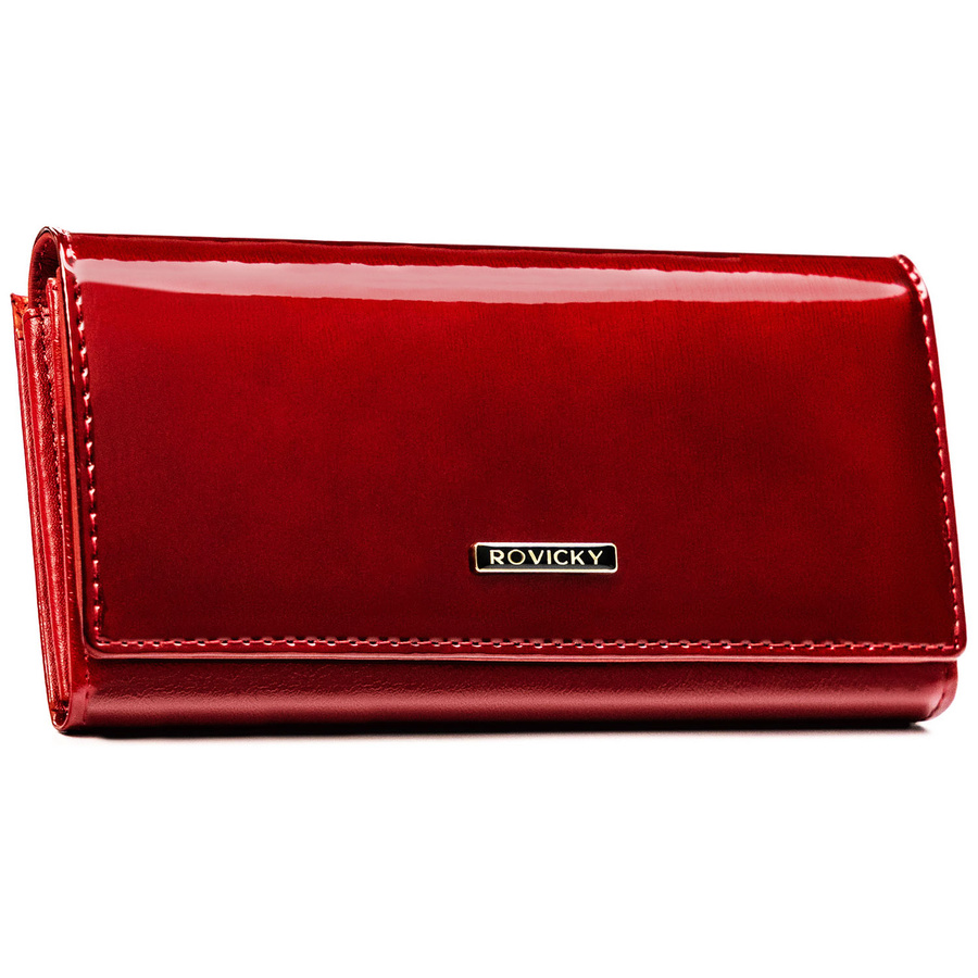 Portfel damski ze skóry naturalnej i ekologicznej w czerwonym kolorze, zamykany na zatrzask i bigiel - Rovicky