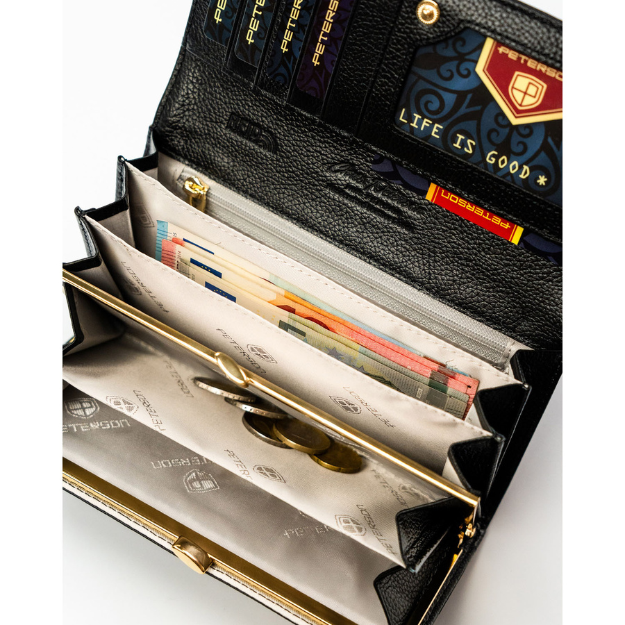 Duży portfel damski ze skóry naturalnej i ekologicznej w czarnym kolorze, zamykany zatrzaskiem - Peterson